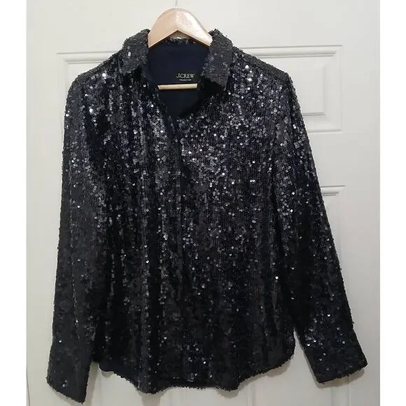 J crew collection womens large size 10 allover sequin blue label button shirt - Picture 2 of 9